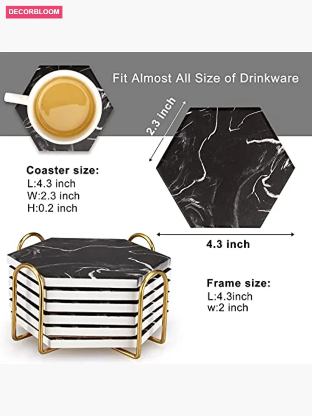 Hexagon Coaster Set with Holder - Absorbent Stone 6 Pack